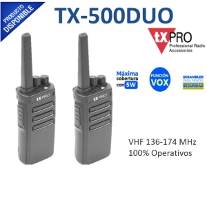 Par de radios TX500 VHF 136-174 MHz con 5 watts de potencia, 16 Canales Preconfigurados.