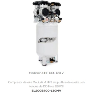 Compresor de aire MedicAir 4 HP 1 etapa libre de aceite con tanque de 130 litros 116 PSI, MedicAir 4 HP 130L 120 V