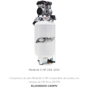 Compresor de aire MedicAir 2 HP 1 etapa libre de aceite con tanque de 130 litros 116 PSI