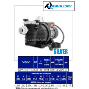 Motobomba para Piscina SILVER de Aqua Pak, 1.5 Hp, 115 Volts, 1 Fase