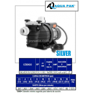 Motobomba para Piscina SILVER de Aqua Pak, 1.5 Hp, 230 Volts, 1 Fase